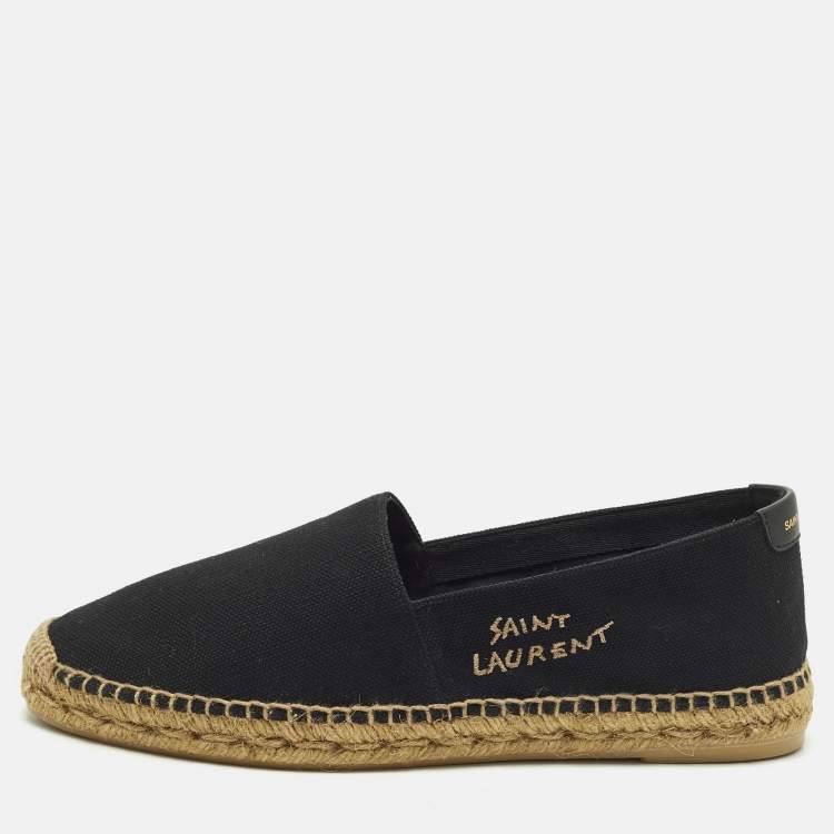 Pre Owned Saint Laurent Size 42 Black/Beige Embroidered Canvas Slip On Espadrilles