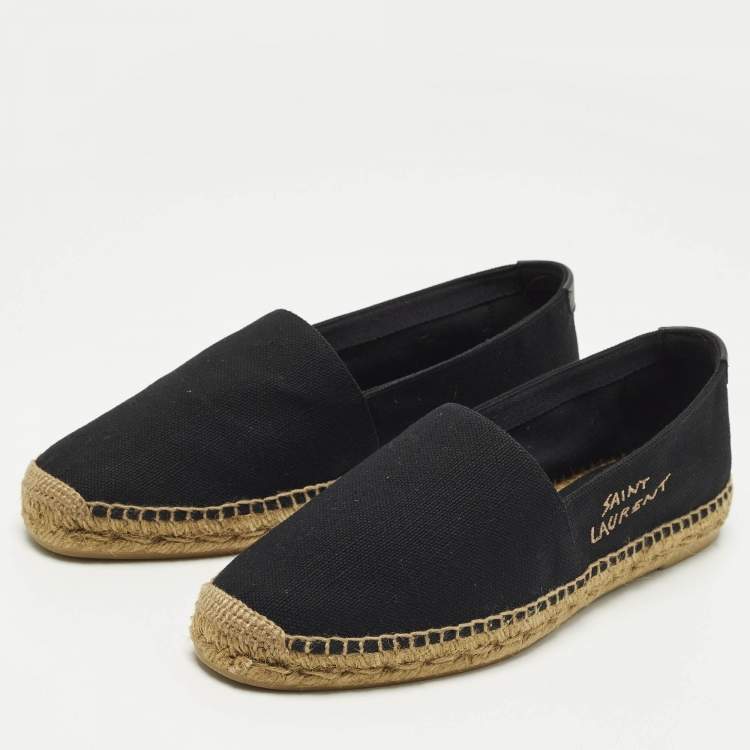 Pre Owned Saint Laurent Size 42 Black/Beige Embroidered Canvas Slip On Espadrilles