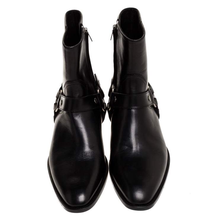 Pre Owned Saint Laurent Black Leather Harness Ankle Boots Size 42