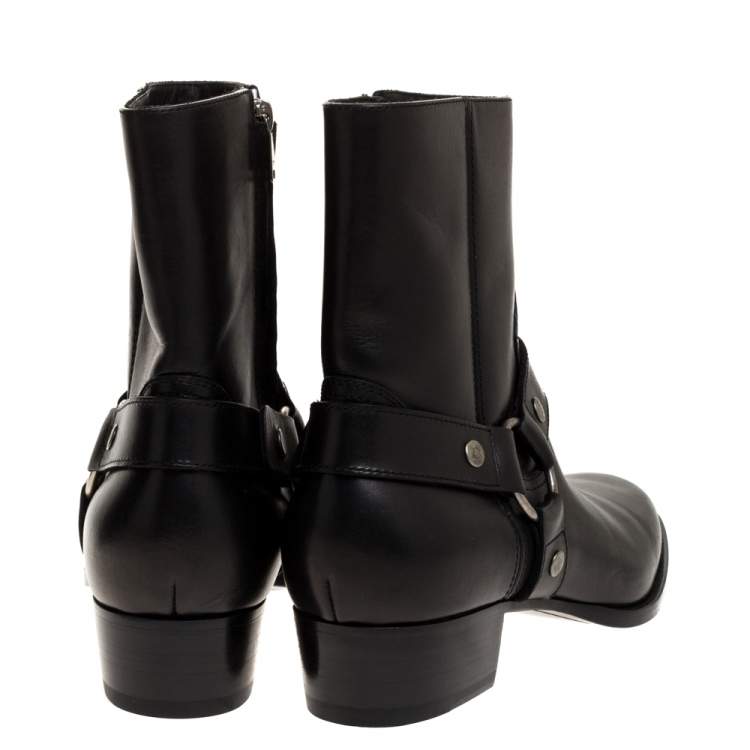 Pre Owned Saint Laurent Black Leather Harness Ankle Boots Size 42