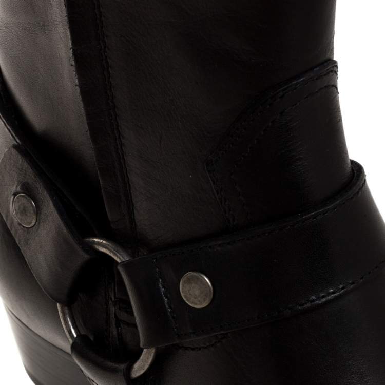 Pre Owned Saint Laurent Black Leather Harness Ankle Boots Size 42