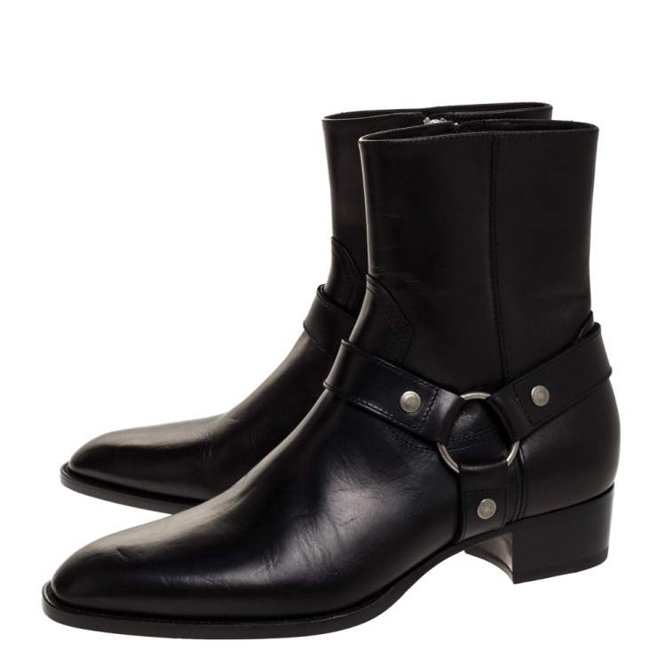 Pre Owned Saint Laurent Black Leather Harness Ankle Boots Size 42