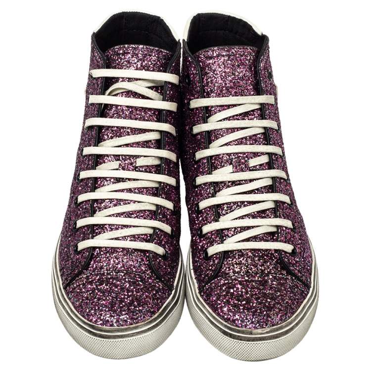 Pre Owned Saint Laurent Purple Glitter High Top Sneakers Size 40
