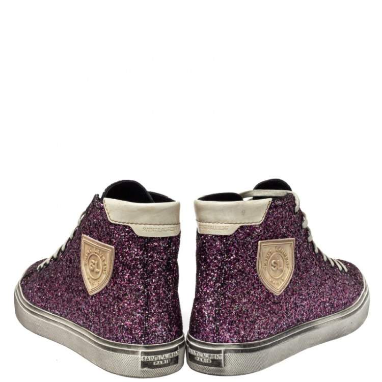 Pre Owned Saint Laurent Purple Glitter High Top Sneakers Size 40
