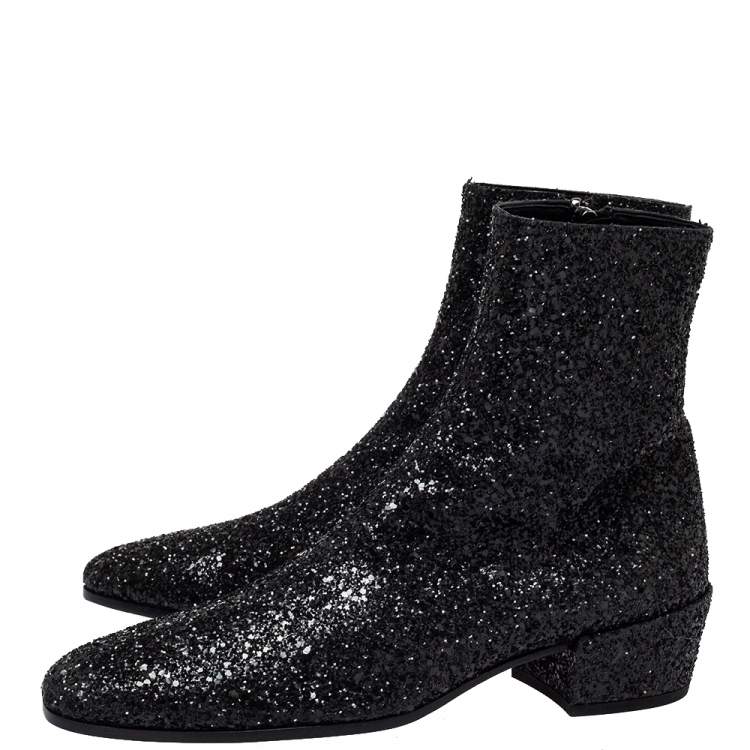 Pre Owned Saint Laurent Black Glitter Chelsea Ankle Boot Size 40