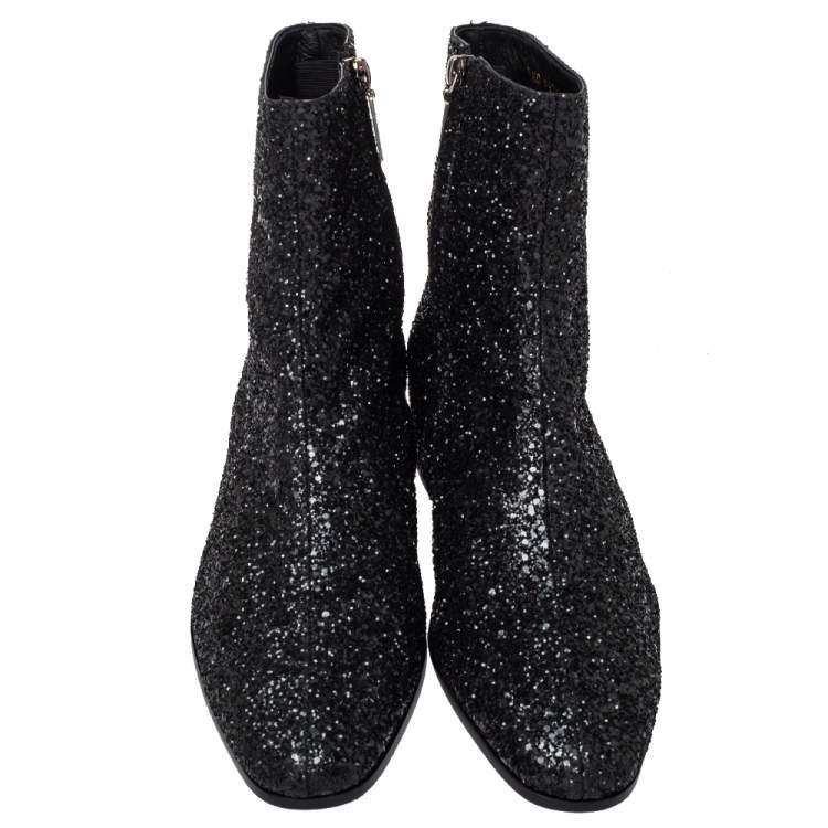 Pre Owned Saint Laurent Black Glitter Chelsea Ankle Boot Size 40