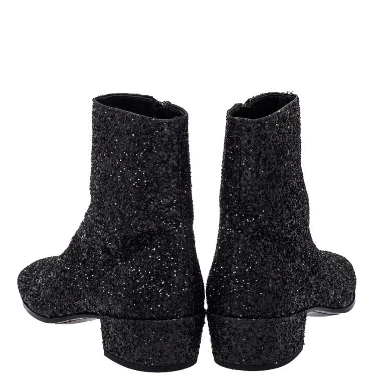 Pre Owned Saint Laurent Black Glitter Chelsea Ankle Boot Size 40