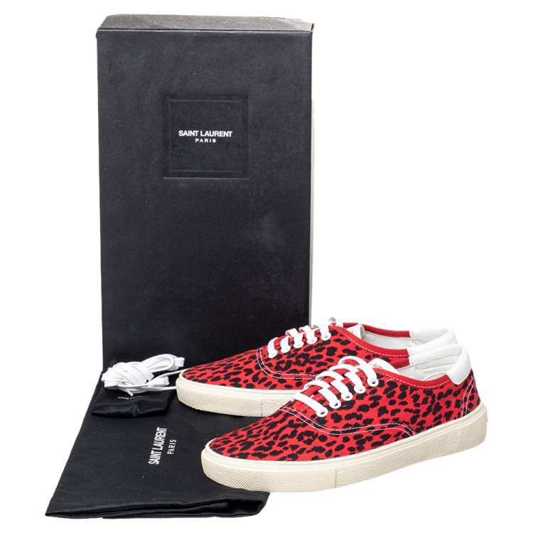 Pre Owned Saint Laurent Red/Black Leopard Print Canvas Skate Low Top Sneakers Size 42