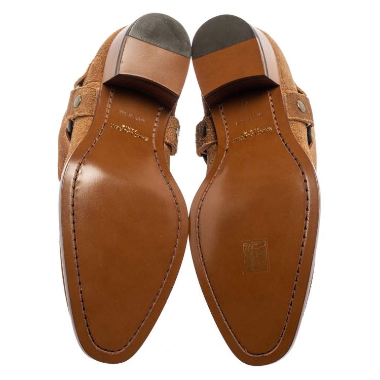 Pre Owned Saint Laurent Tan Suede Wyatt Harness Ankle Boots Size 40