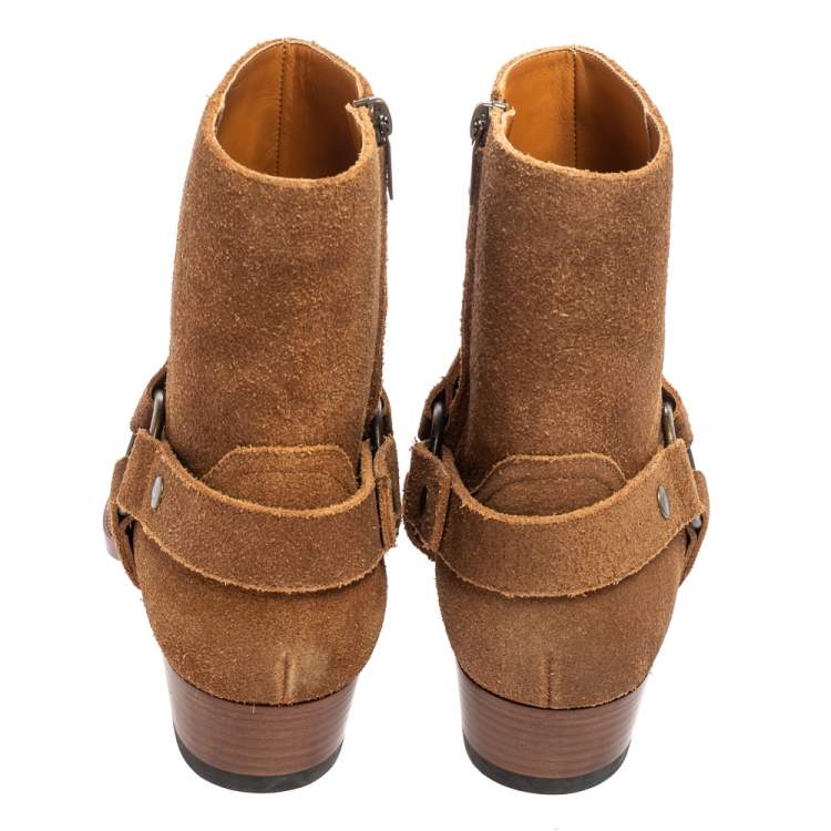 Pre Owned Saint Laurent Tan Suede Wyatt Harness Ankle Boots Size 40