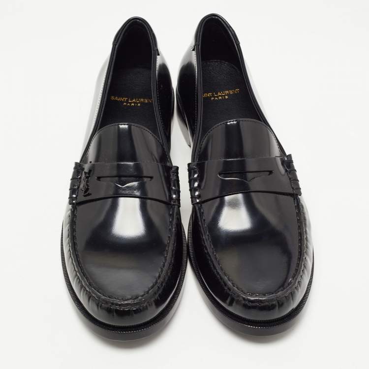 Pre Owned Saint Laurent Black Leather Slip On Loafers Size 43.5