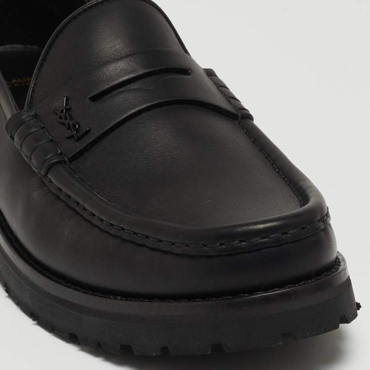 Pre Owned Saint Laurent Black Leather Penny Slip On Loafers Size 46