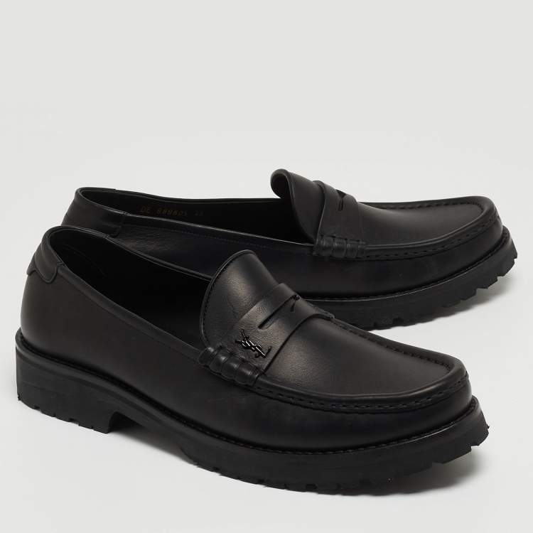 Pre Owned Saint Laurent Black Leather Penny Slip On Loafers Size 46