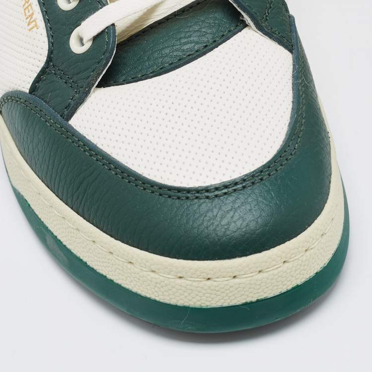 Pre Owned Saint Laurent Green/White Leather and Canvas Low Top Sneakers Size 42