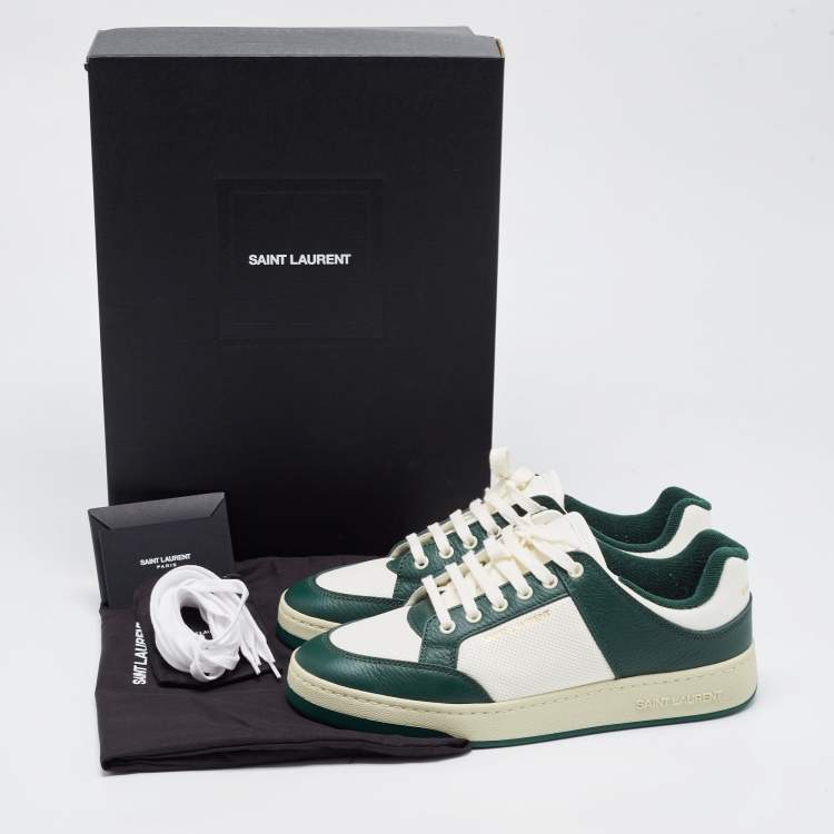 Pre Owned Saint Laurent Green/White Leather and Canvas Low Top Sneakers Size 42