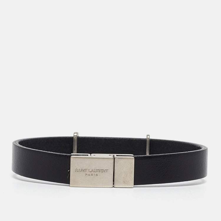 Pre Owned Saint Laurent Paris Opyum Leather Silver Tone Bracelet