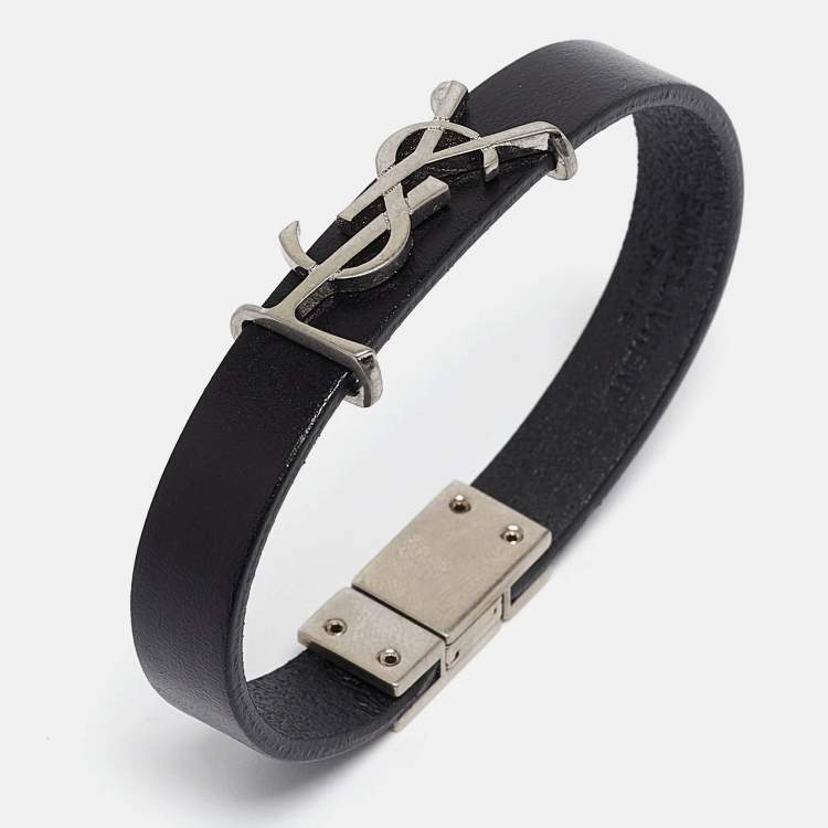 Pre Owned Saint Laurent Paris Opyum Leather Silver Tone Bracelet