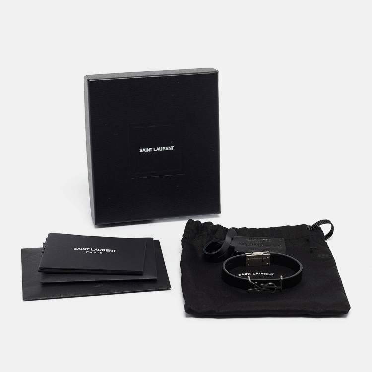 Pre Owned Saint Laurent Paris Opyum Leather Silver Tone Bracelet
