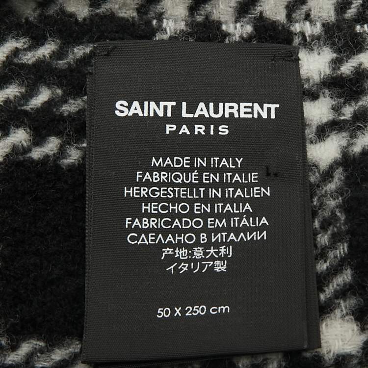 Pre Owned Saint Laurent Monochrome Houndstooth Wool Fringed Scarf