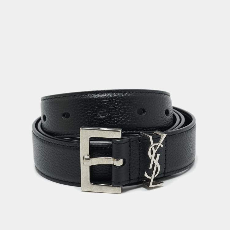 Pre Owned Saint Laurent Black Leather Cassandre Buckle Belt 95 CM