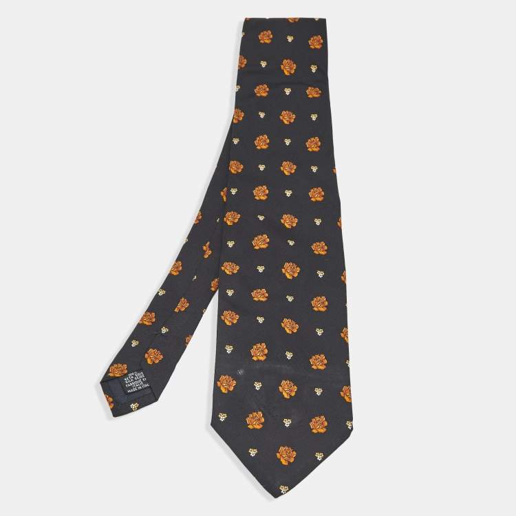 Pre Owned Yves Saint Laurent Black Floral Print Silk Traditional Tie 