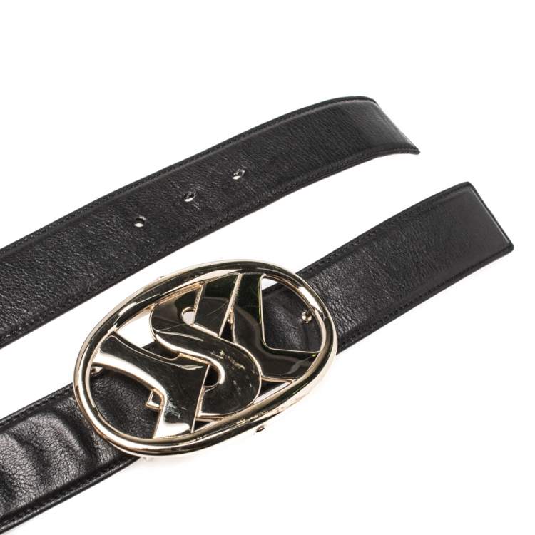 Pre Owned Saint Laurent Paris Black Leather Logo Buckle Belt 105CM