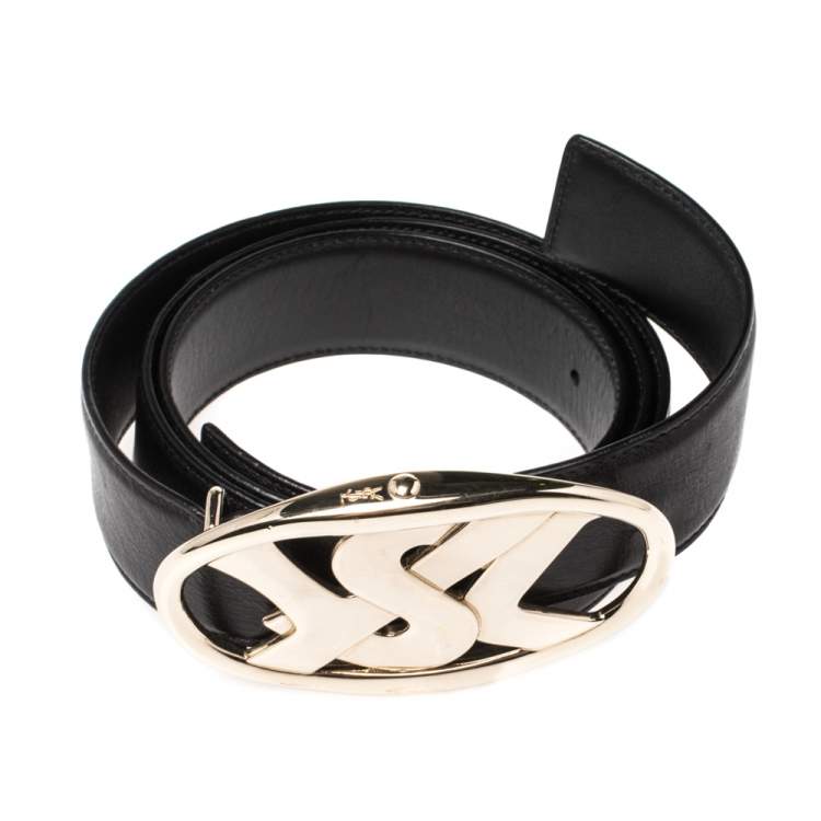 Pre Owned Saint Laurent Paris Black Leather Logo Buckle Belt 105CM