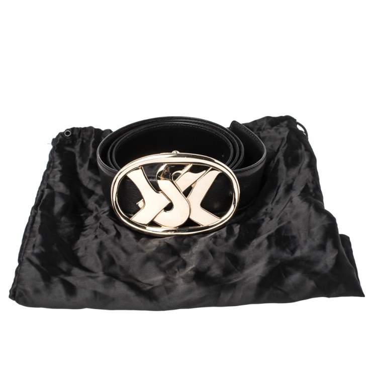 Pre Owned Saint Laurent Paris Black Leather Logo Buckle Belt 105CM