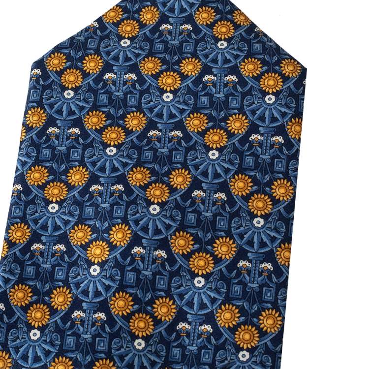 Pre Owned Yves Saint Laurent Vintage Blue Floral Printed Silk Traditional Tie 