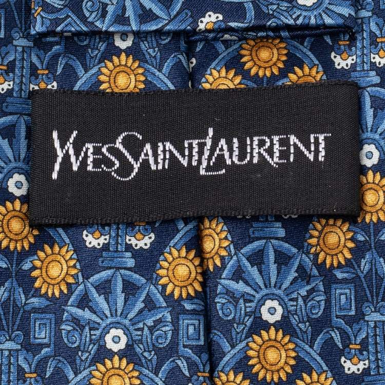 Pre Owned Yves Saint Laurent Vintage Blue Floral Printed Silk Traditional Tie 