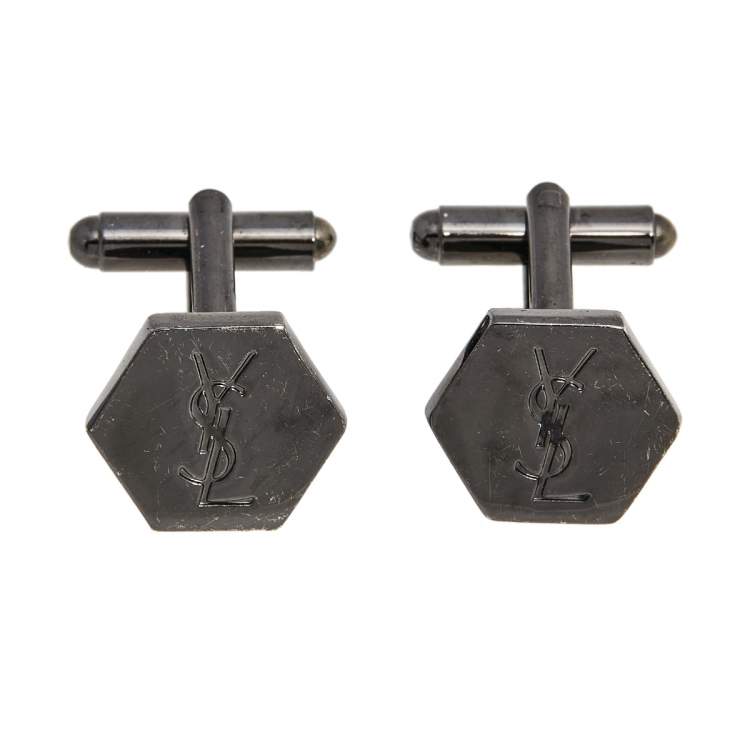 Pre Owned Yves Saint Laurent Gunmetal Tone Monogram Hexagon Cufflinks