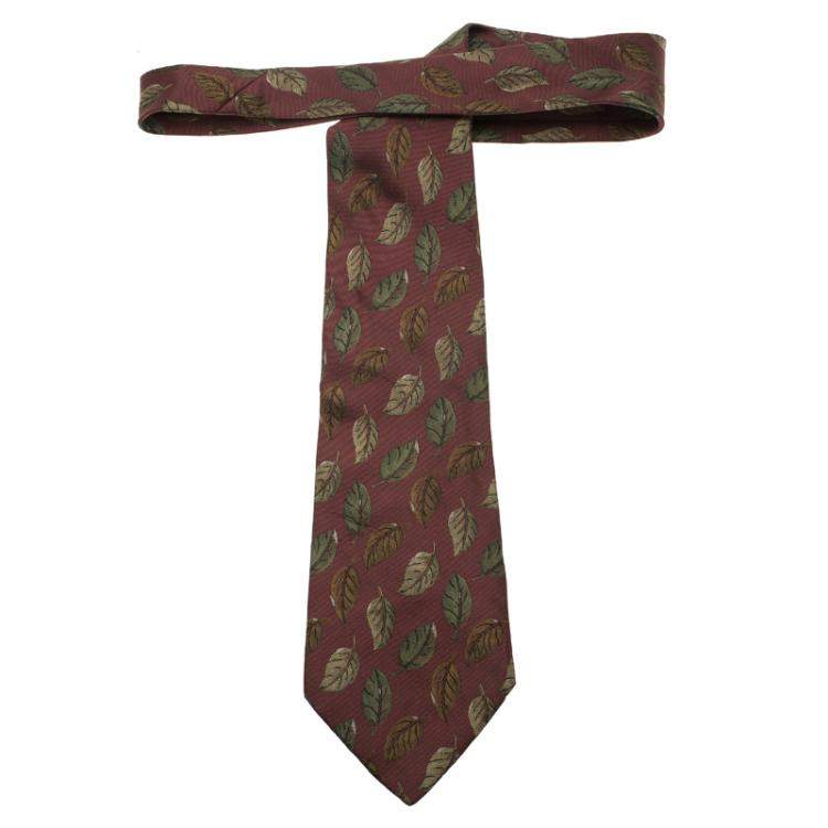 Pre Owned Saint Laurent Paris Metallic Pink Leaf Woven Silk Tie