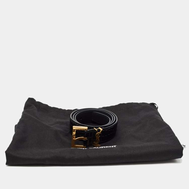 Pre Owned Saint Laurent Black Croc Embossed Glossy Leather Monogram Buckle Belt 80CM