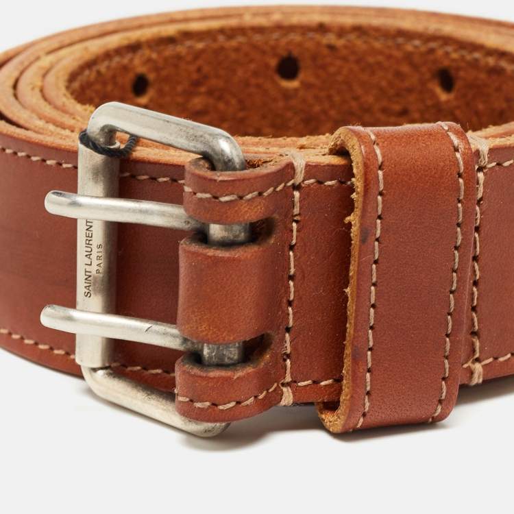 Pre Owned Saint Laurent Brown Leather Perforated Buckle Belt 90CM