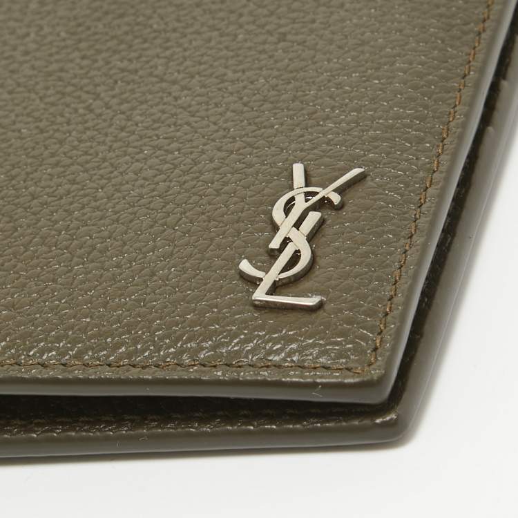Pre Owned Saint Laurent Olive Green Leather Tiny Cassandre East/West Bifold Wallet