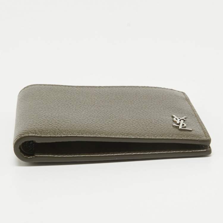 Pre Owned Saint Laurent Olive Green Leather Tiny Cassandre East/West Bifold Wallet