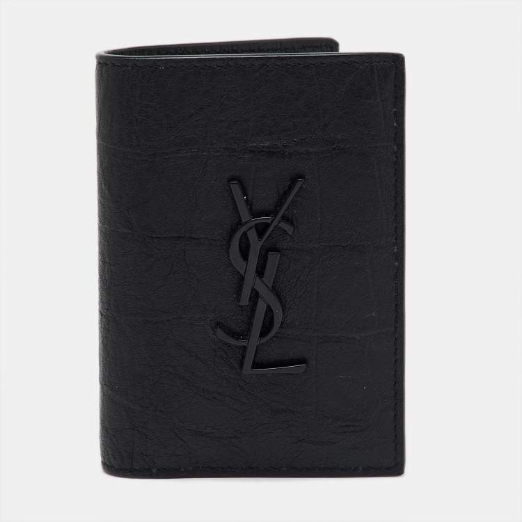 Pre Owned Saint Laurent Black Croc Embossed Leather Bifold Card Holder