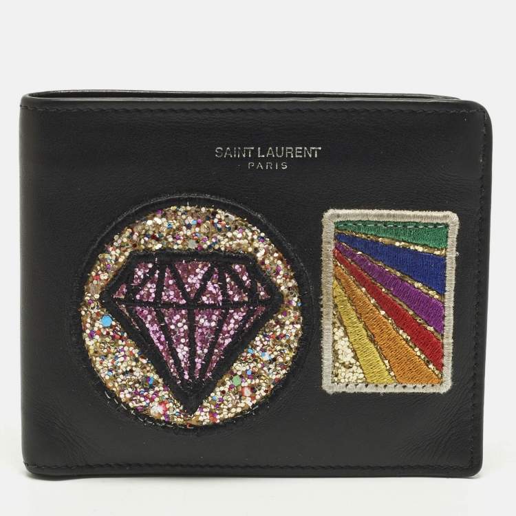 Pre Owned Saint Laurent Patches Black Leather Bifold Wallet 