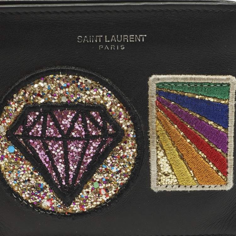 Pre Owned Saint Laurent Patches Black Leather Bifold Wallet 