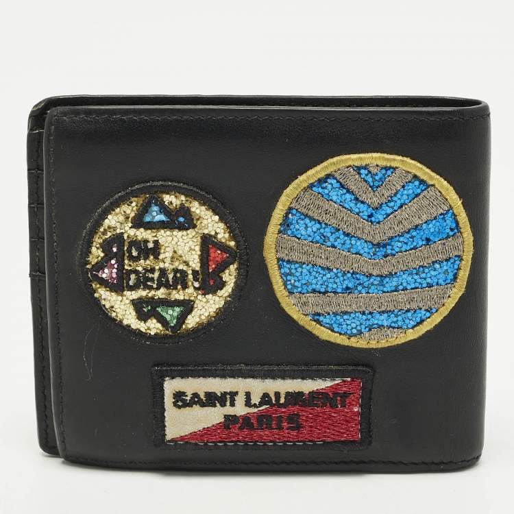 Pre Owned Saint Laurent Patches Black Leather Bifold Wallet 