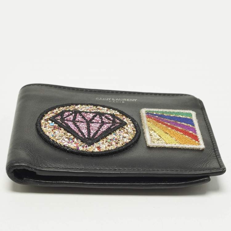 Pre Owned Saint Laurent Patches Black Leather Bifold Wallet 