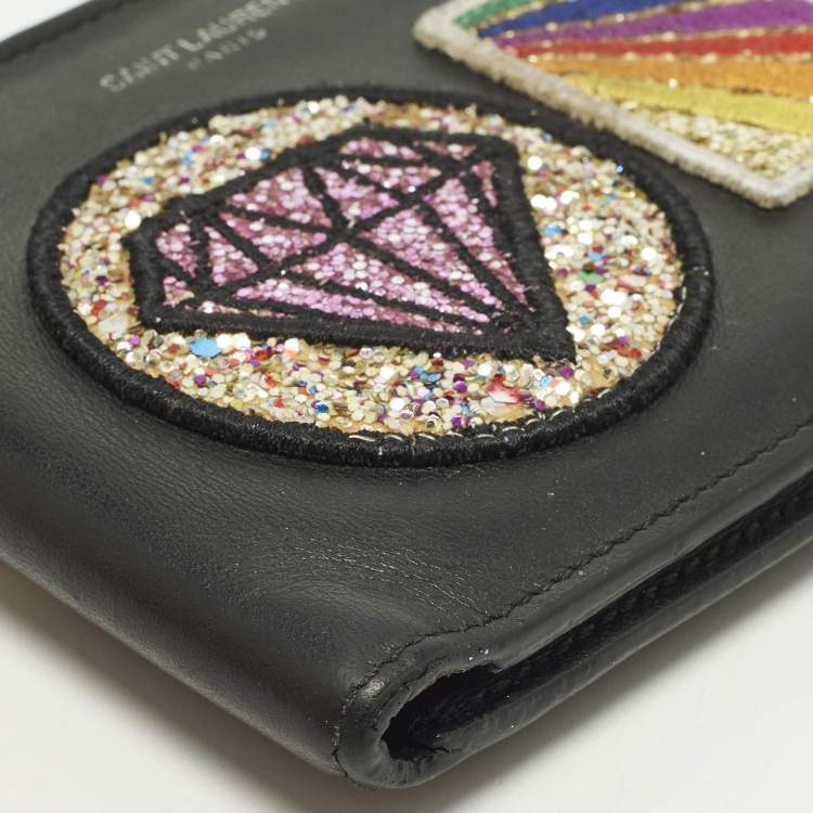 Pre Owned Saint Laurent Patches Black Leather Bifold Wallet 