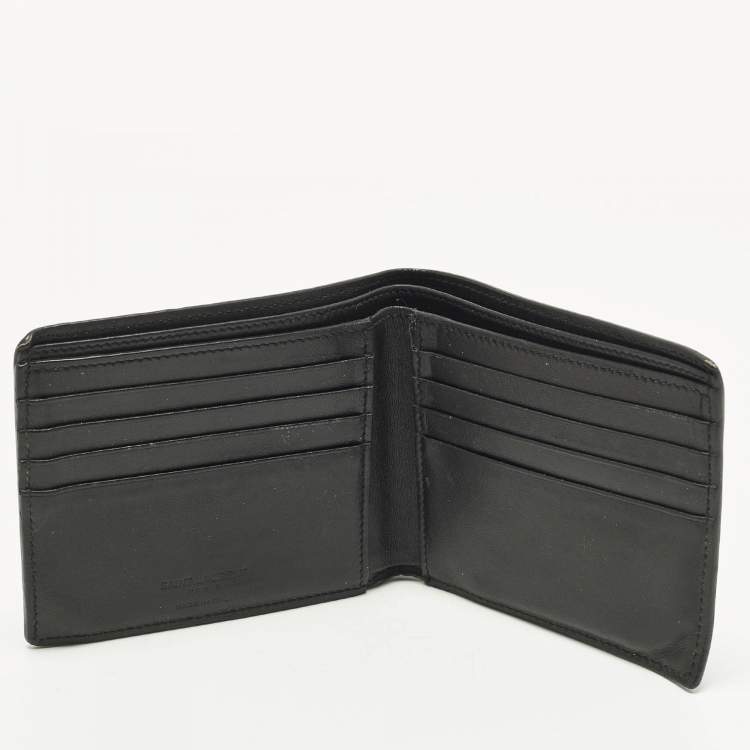 Pre Owned Saint Laurent Patches Black Leather Bifold Wallet 