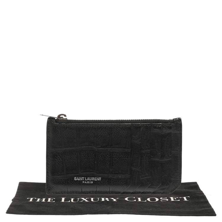 Pre Owned Saint Laurent Paris Black Croc Embossed Leather Zip Card Holder 