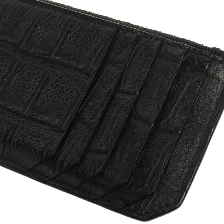 Pre Owned Saint Laurent Paris Black Croc Embossed Leather Zip Card Holder 
