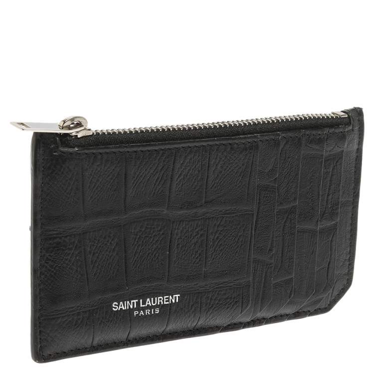 Pre Owned Saint Laurent Paris Black Croc Embossed Leather Zip Card Holder 
