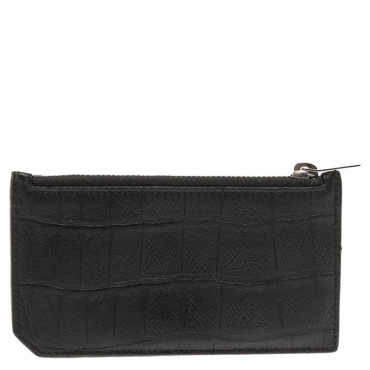 Pre Owned Saint Laurent Paris Black Croc Embossed Leather Zip Card Holder 