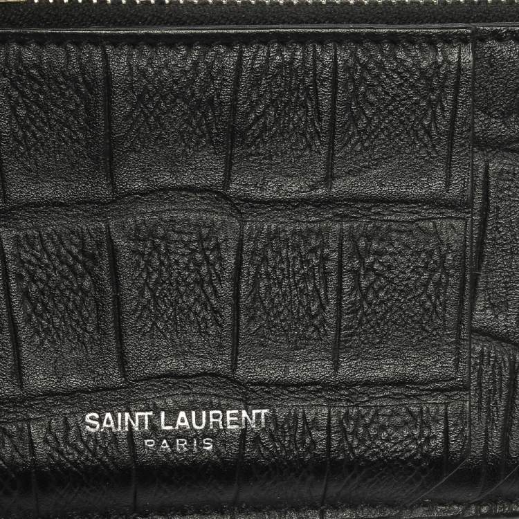 Pre Owned Saint Laurent Paris Black Croc Embossed Leather Zip Card Holder 