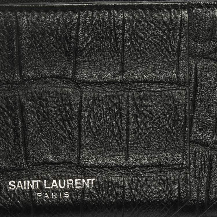Pre Owned Saint Laurent Paris Black Croc Embossed Leather Zip Card Holder 