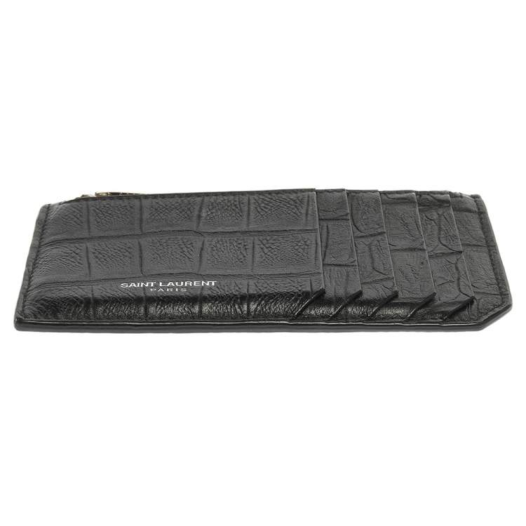 Pre Owned Saint Laurent Paris Black Croc Embossed Leather Zip Card Holder 